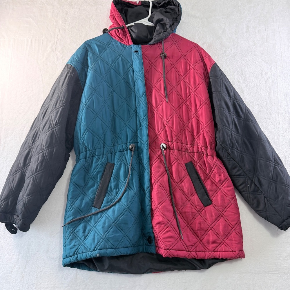 Vintage 90s Y2K Colorblock Quilted Puffer Jacket Hooded Silk Blend Women M Retro